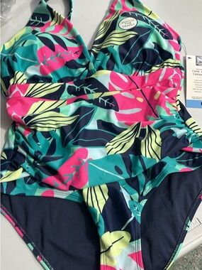 Tropical Leaf Print One-Piece Swimsuit - Bright Teal & Pink